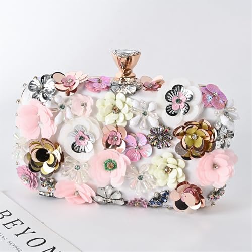 やーこ様の予約専用ページ　キラキラ　ビーズ　パーティーバッグ　ピンク ヤングYXE-887] サテン カラフル ビーズ フラワー ディナー